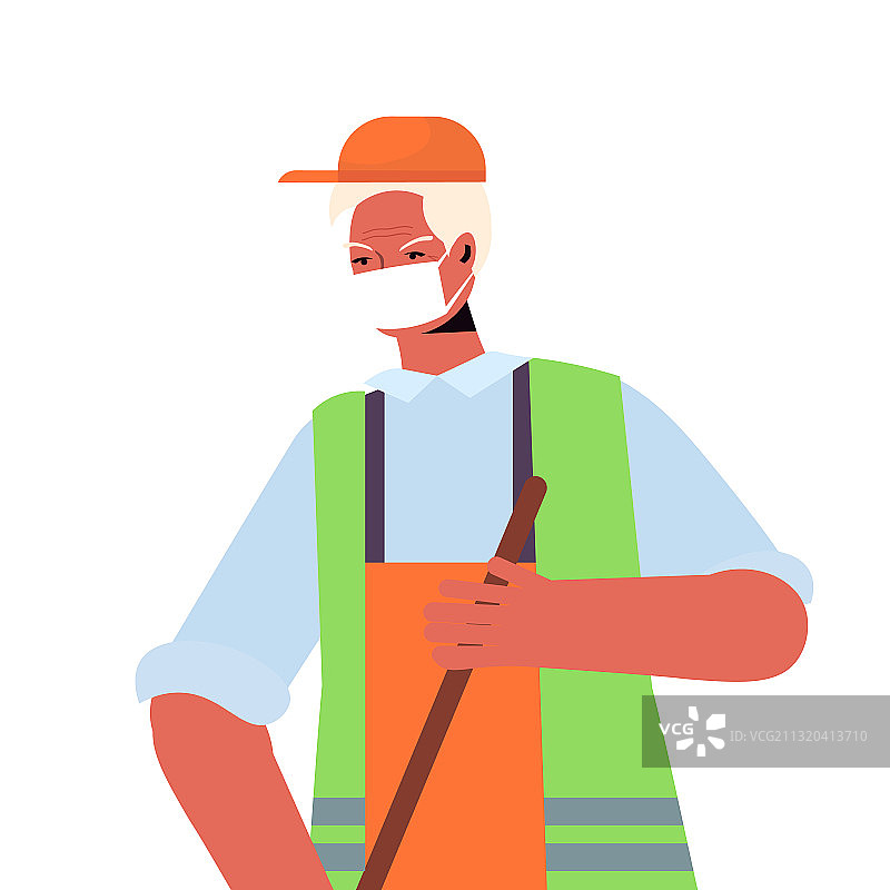 男清洁工用扫帚清扫图片素材