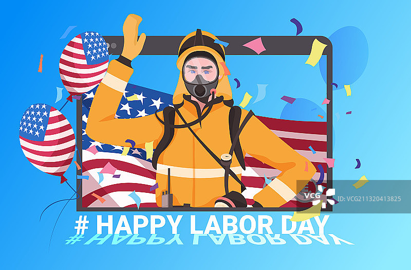 身穿制服，手持美国国旗的消防员图片素材