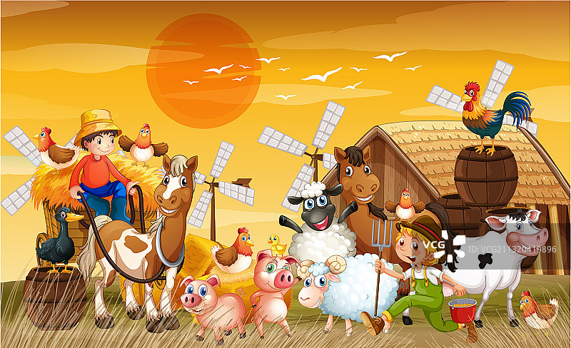 带有谷仓和农场动物的自然农场场景图片素材
