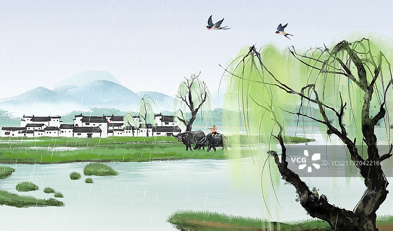 清明节放牛娃水墨背景插画中国风江南建筑水墨画图片素材