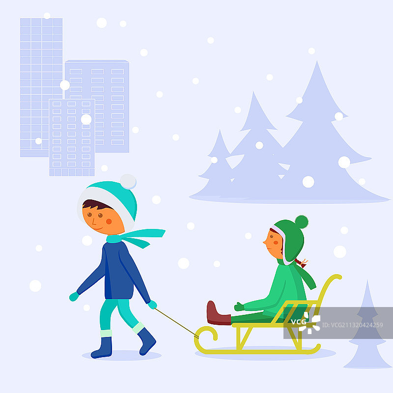 男孩女孩玩雪橇图片素材