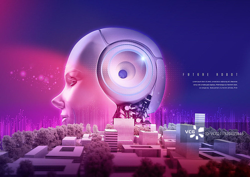 机器人面部和未来主义城市图片素材