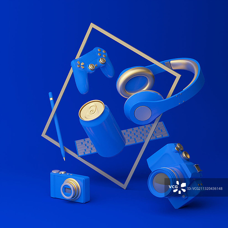 海军蓝和金色相机、耳机、游戏机和其他物品图片素材