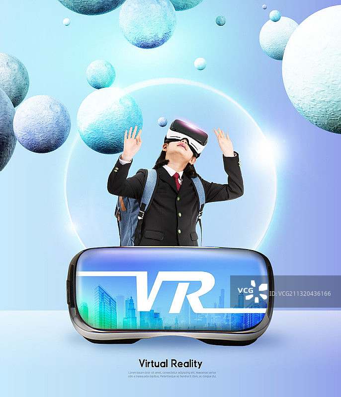 女学生使用VR头显看漂浮球体图片素材