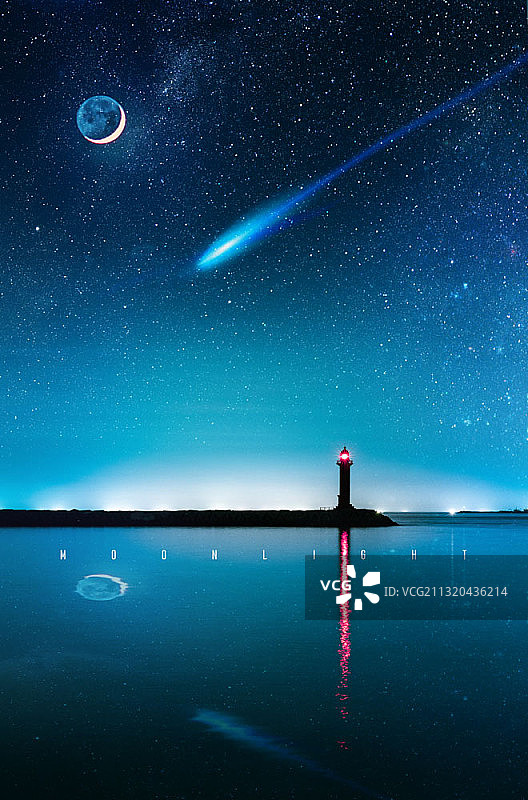 海边灯塔与流星夜空霓虹灯图片素材