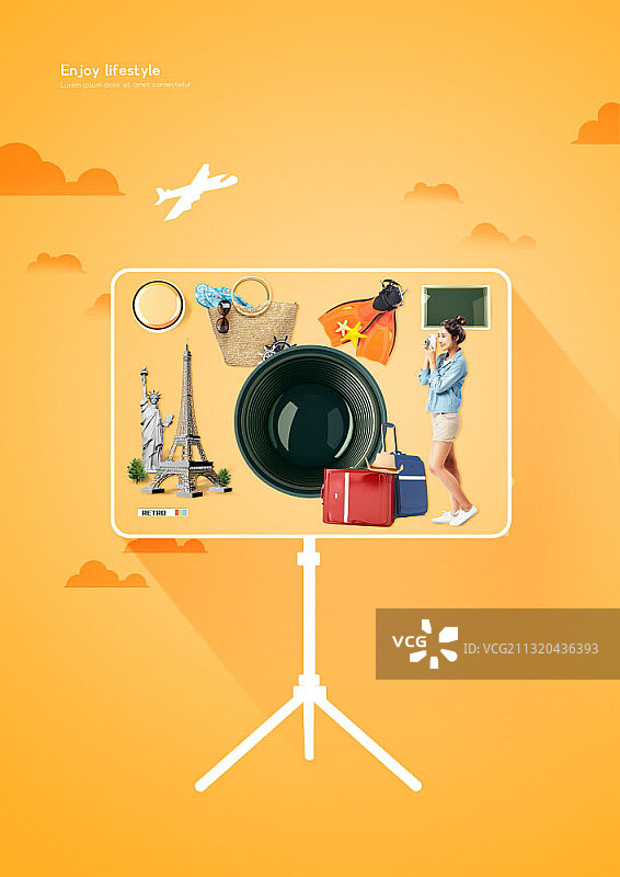 三脚架相机拍摄的女性旅行购物用品图片素材