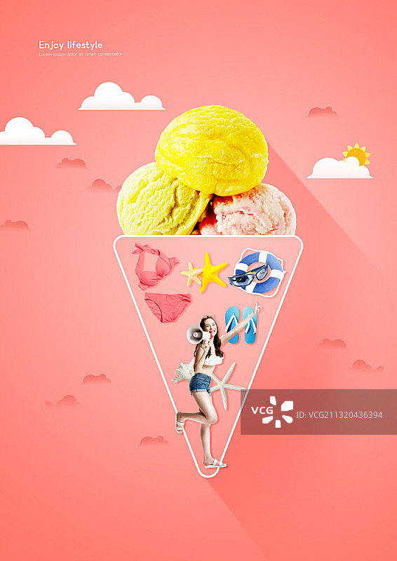 夏季购物商品和冰淇淋甜筒框架中的女人图片素材