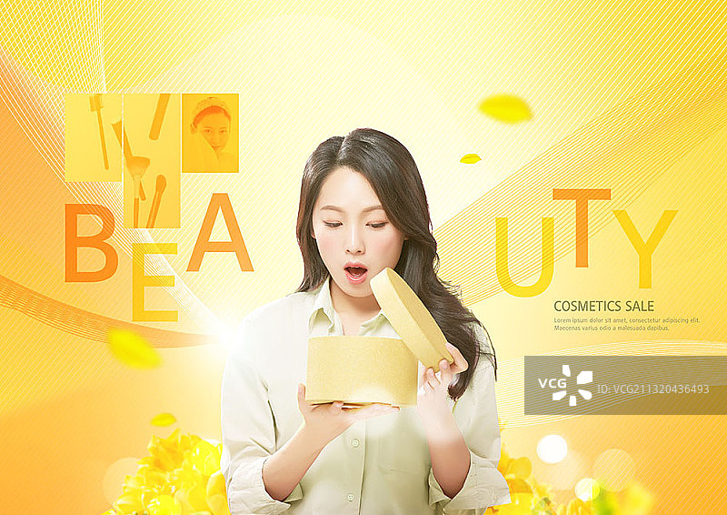 女人打开一个黄色的圆形盒子，看起来很惊讶图片素材