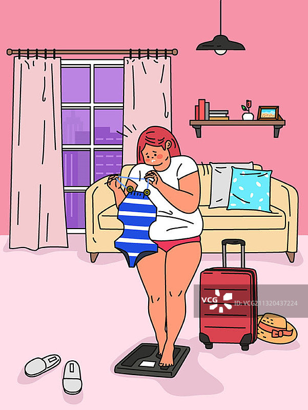 站在体重秤上拿着泳衣的女人图片素材