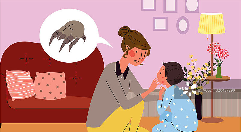 患有尘螨过敏的儿童，母亲正在检查图片素材