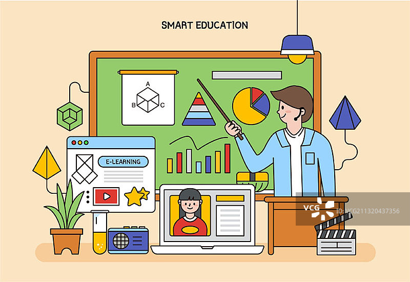 在线智慧教育相关彩色线条插画图片素材