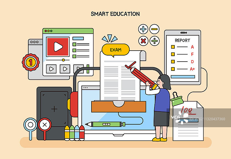 在线智慧教育相关彩色线条插画图片素材