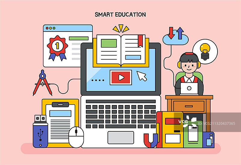 在线智慧教育相关彩色线条插画图片素材