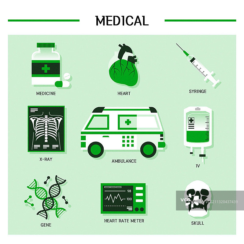医疗道具和救护车矢量图标集图片素材