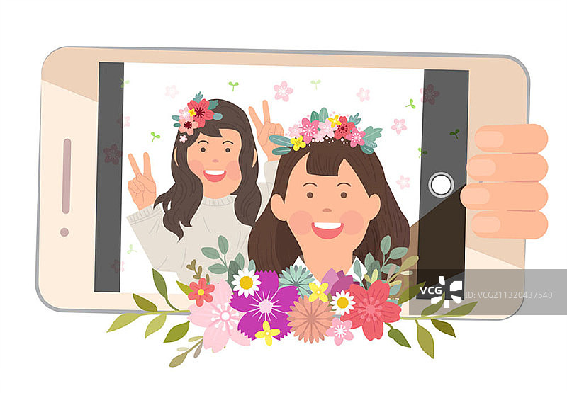 两个女孩用V手势自拍的矢量图图片素材