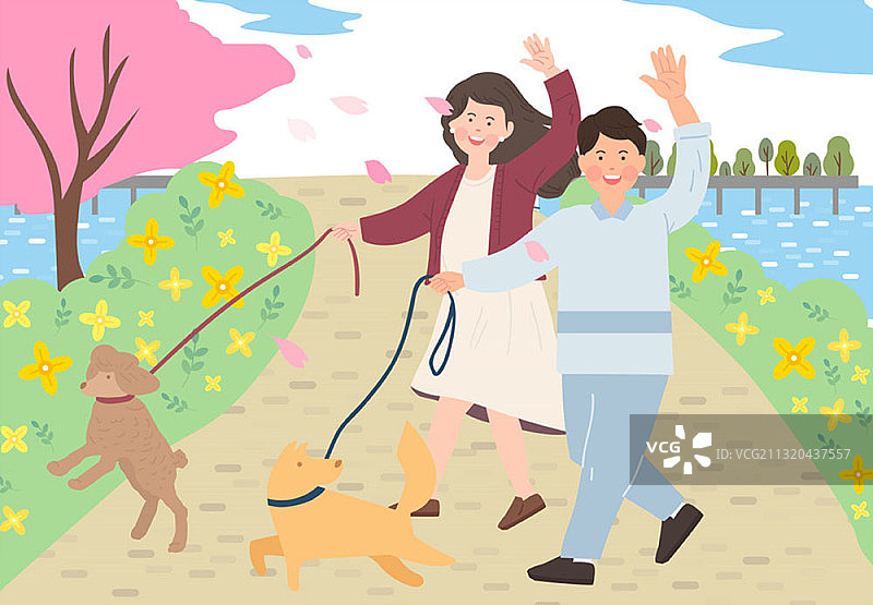 在公园里遛狗的情侣矢量插画图片素材