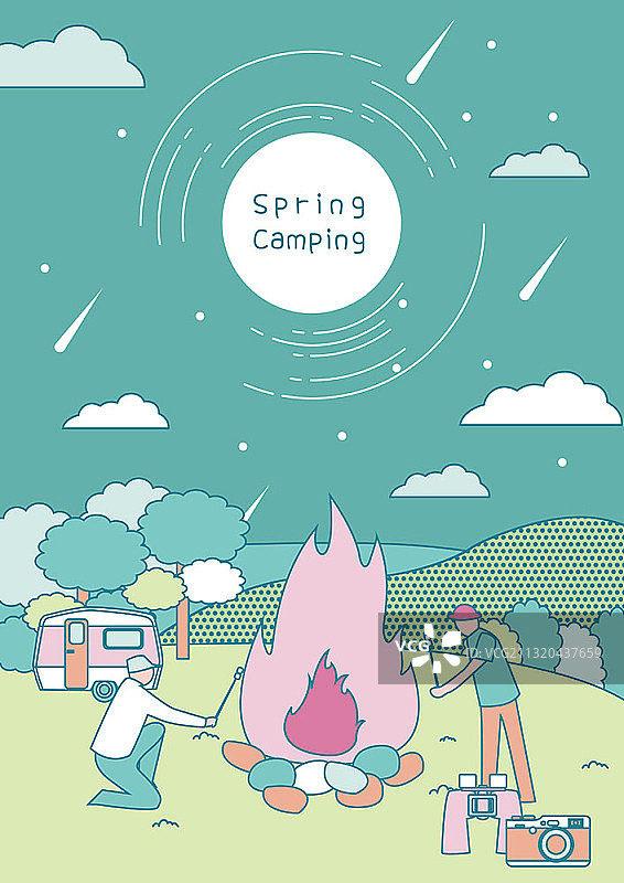 在篝火旁烤棉花糖的两个男子春季露营矢量图图片素材