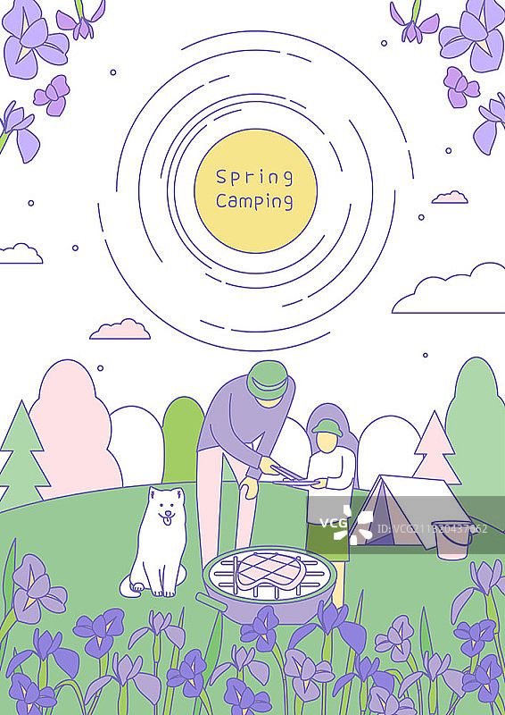 森林父子烧烤露营矢量图图片素材