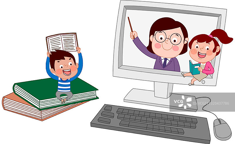 儿童通过电脑进行网络学习的矢量图图片素材