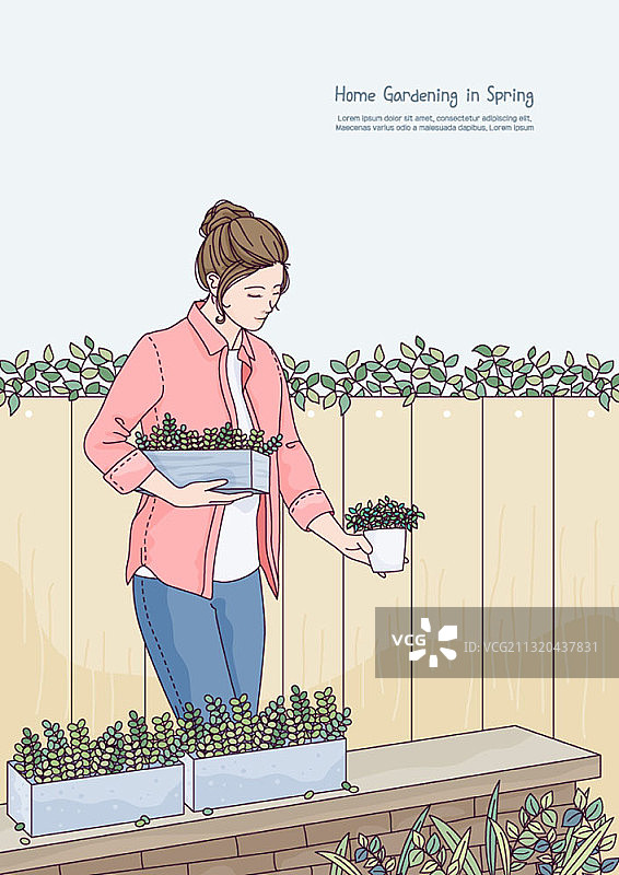 在家庭花园里手捧植物花盆的女人矢量插画图片素材