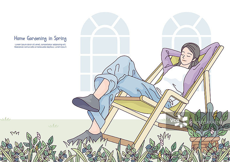 在家庭花园躺椅上小憩的女人矢量插画图片素材