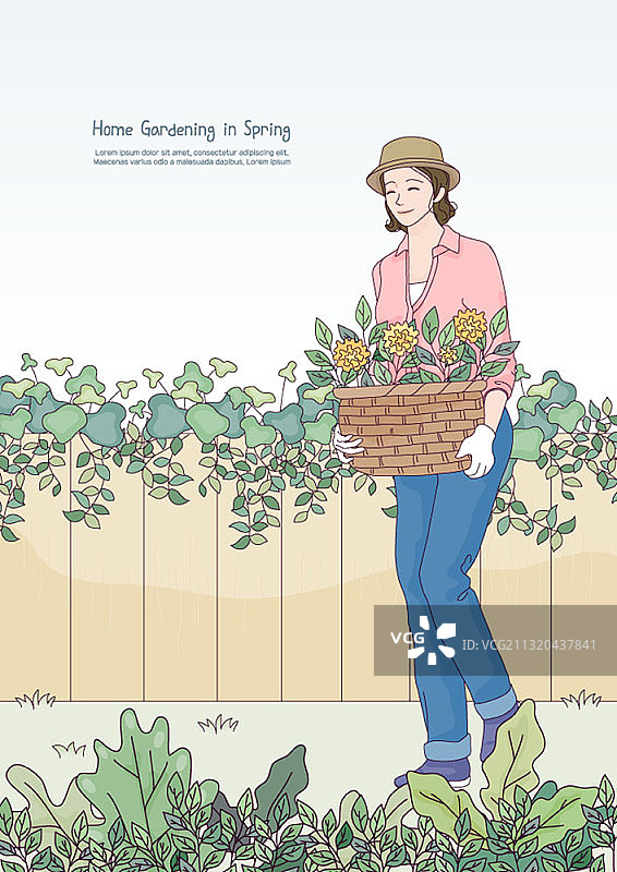 女人在自家花园里抱着一篮子鲜花的矢量插画图片素材