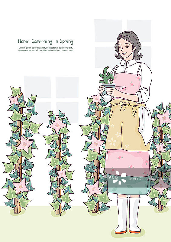 在家庭花园里手捧花盆的女人矢量插画图片素材
