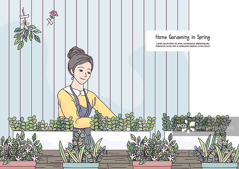 用花盆装饰家庭花园的女人矢量插图图片素材