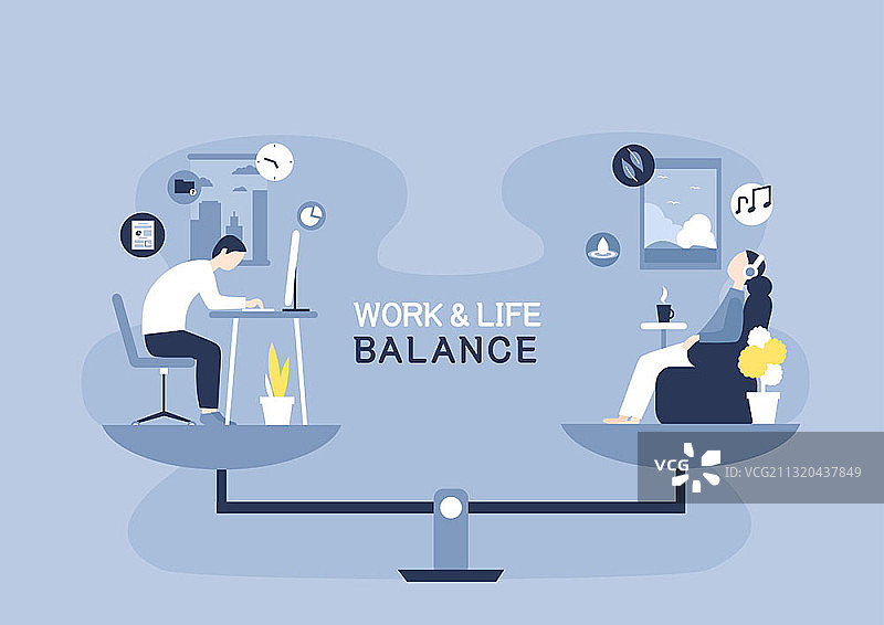 男人工作和女人休息的比例矢量插画图片素材