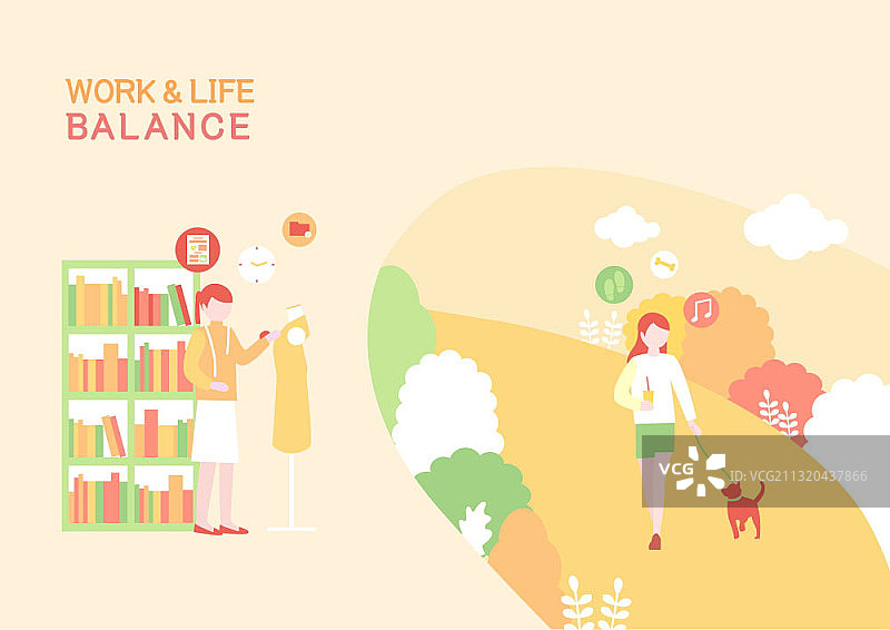 矢量插画：工作与生活平衡，女性设计师遛狗图片素材