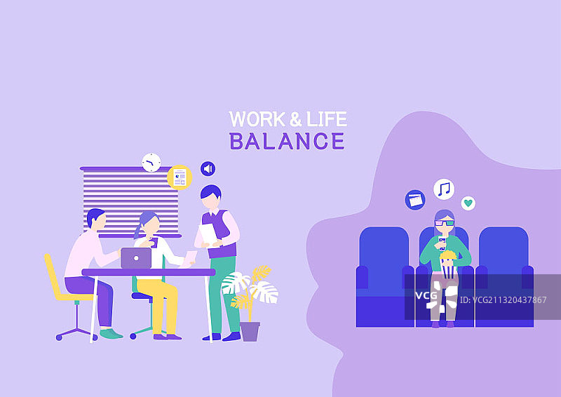 工作与生活平衡矢量图：女性在办公室工作和看电影图片素材