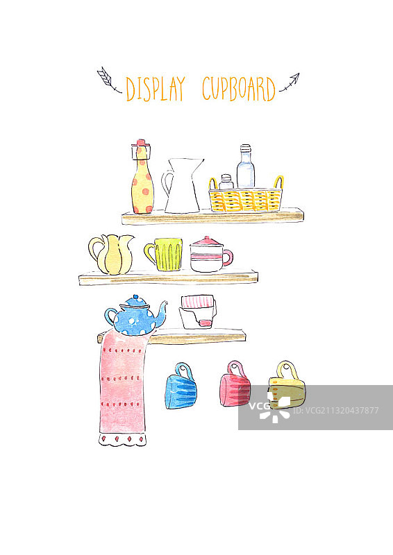 展示柜上带有桌布的马克杯和水壶插画图片素材
