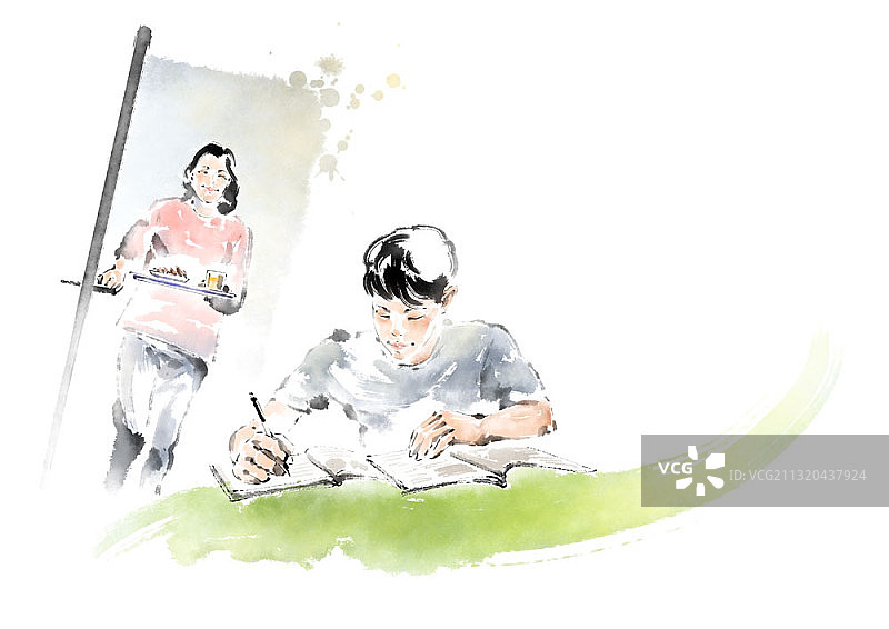 母亲给学习中的儿子送零食的水墨画图片素材