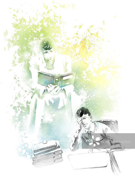 水墨画：商人感到压力，背景中有人在看书图片素材