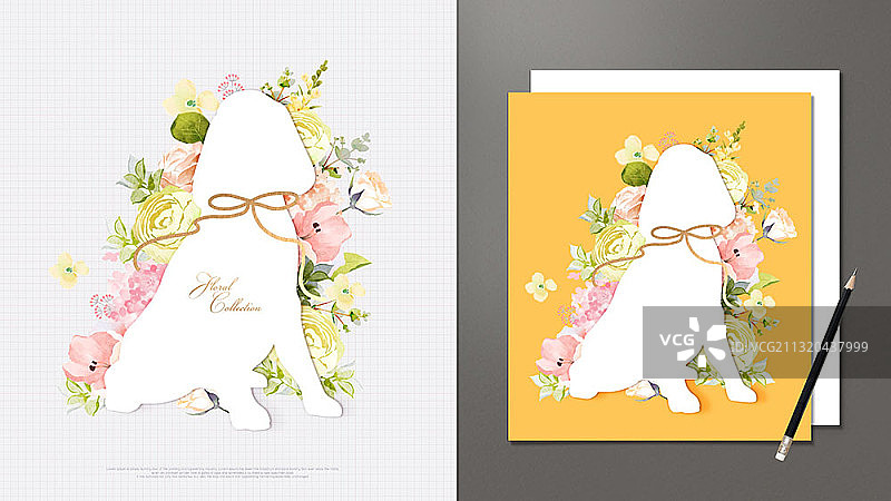 小狗与鲜花装饰和信卡样机插画图片素材
