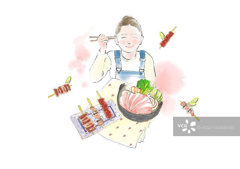 水墨画：微笑的女人吃日式火锅图片素材
