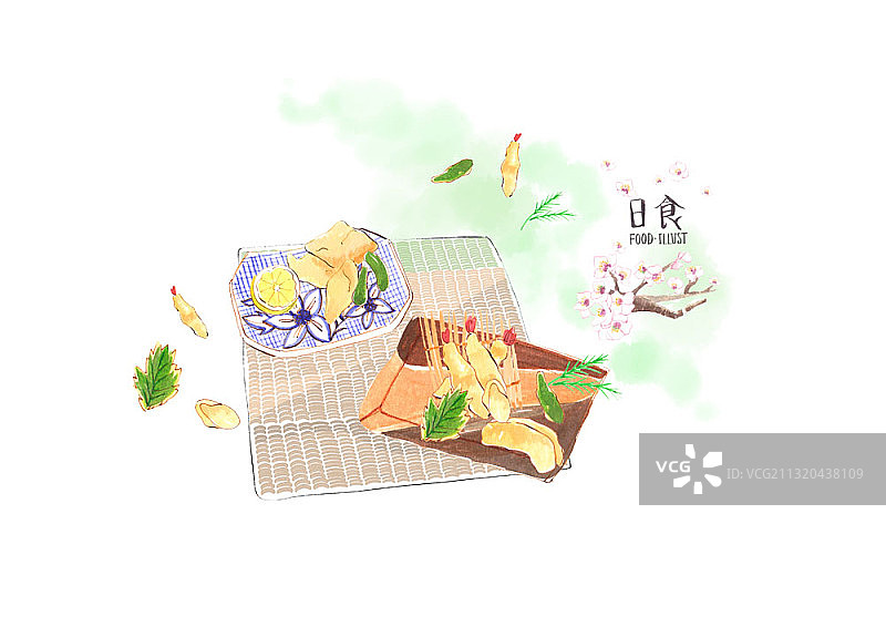 水墨画日本料理，垫子上的炸虾图片素材