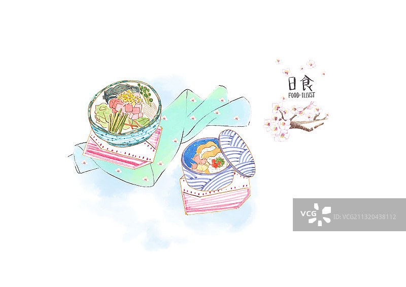 日式料理水墨画：米饭便当图片素材