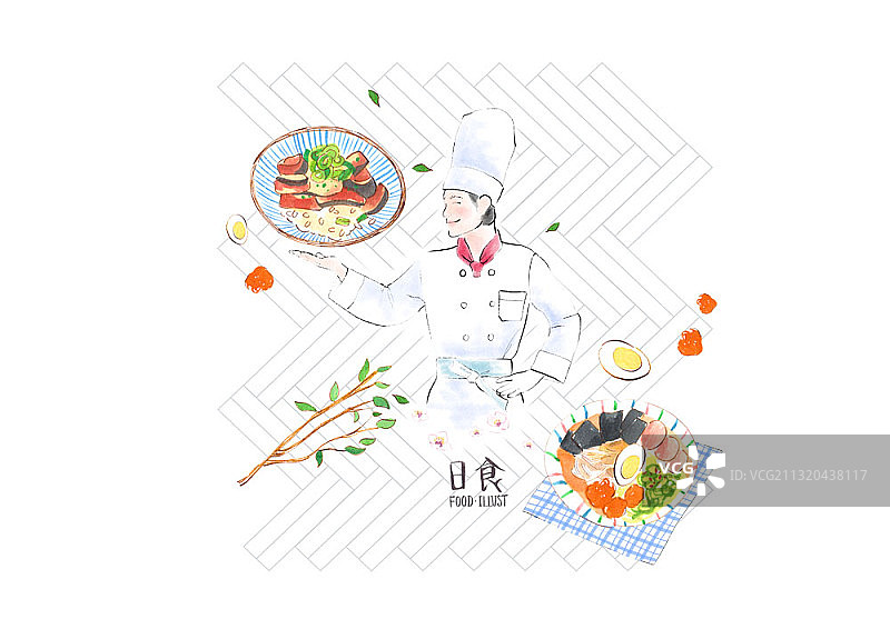 水墨画：厨师与日式料理，面条和盖饭图片素材