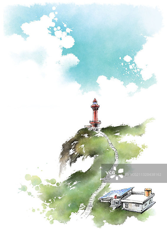 水墨画：乡间小屋与灯塔图片素材