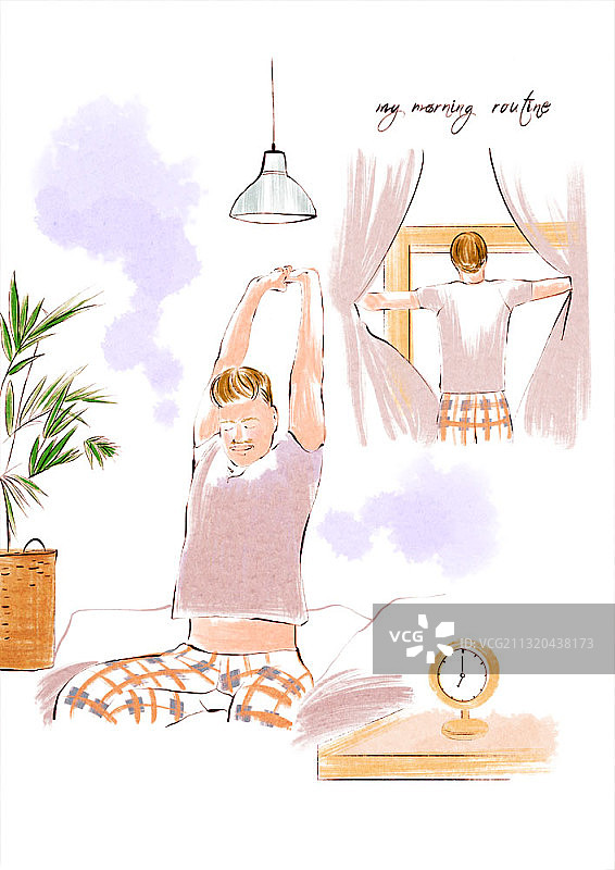 水墨画：两名男人在床上伸展手臂并拉开窗帘图片素材