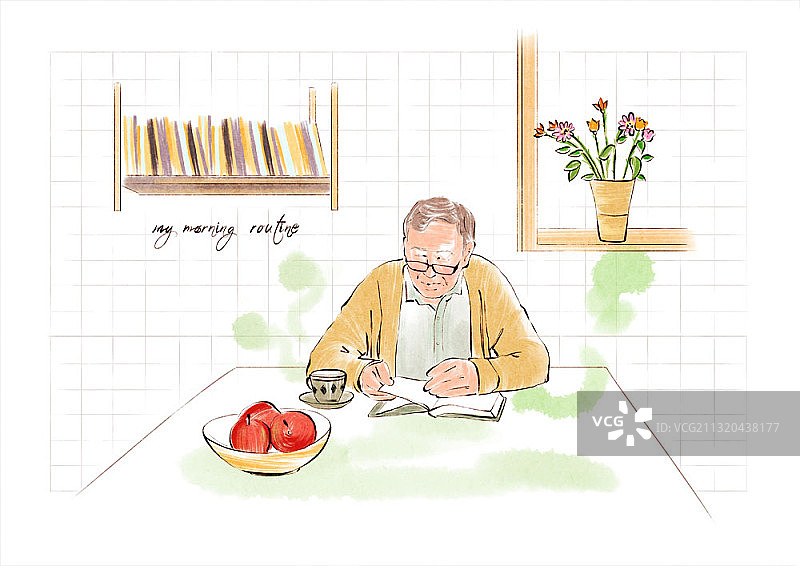 水墨画：老年男子坐在桌旁，一边喝咖啡一边看书图片素材