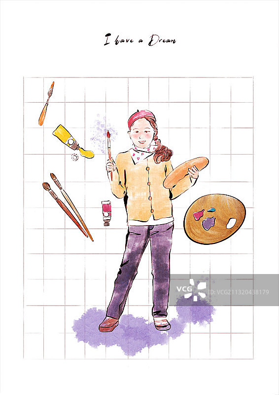 水墨画：女学生拿着画笔和调色板图片素材