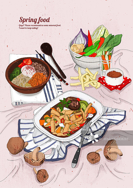 辣炒年糕和拌饭蔬菜碗插画图片素材