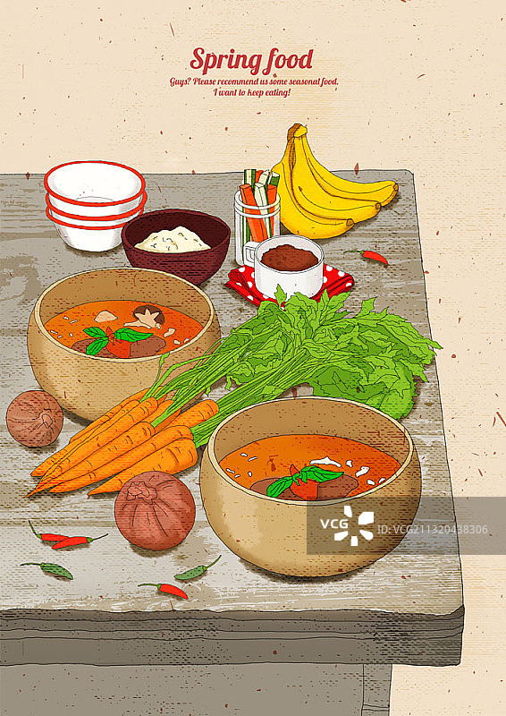 两碗米饭汤和蔬菜食材插画图片素材