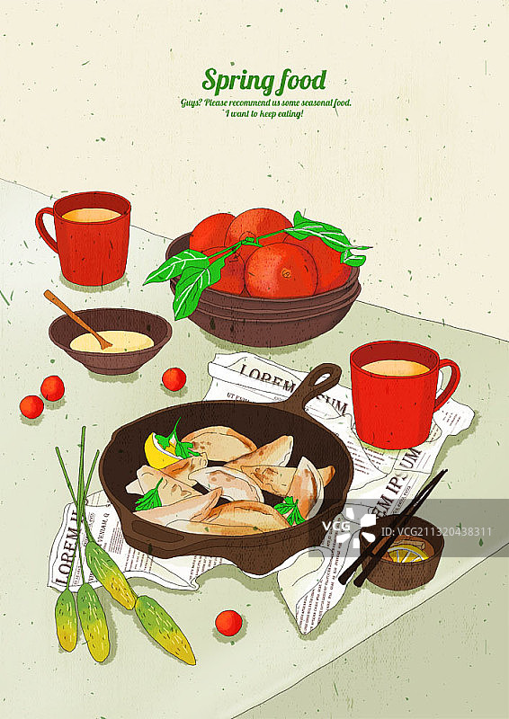 煎锅饺子和樱桃番茄插画图片素材