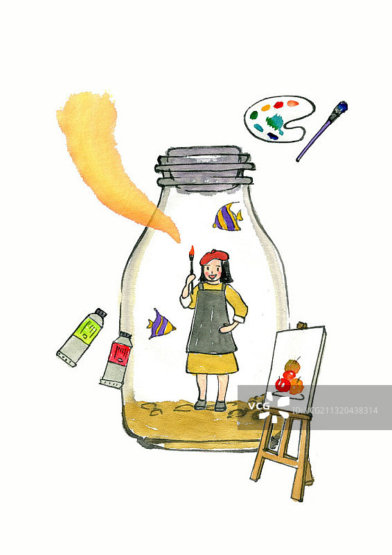 玻璃瓶中的画家画架和油漆插画图片素材