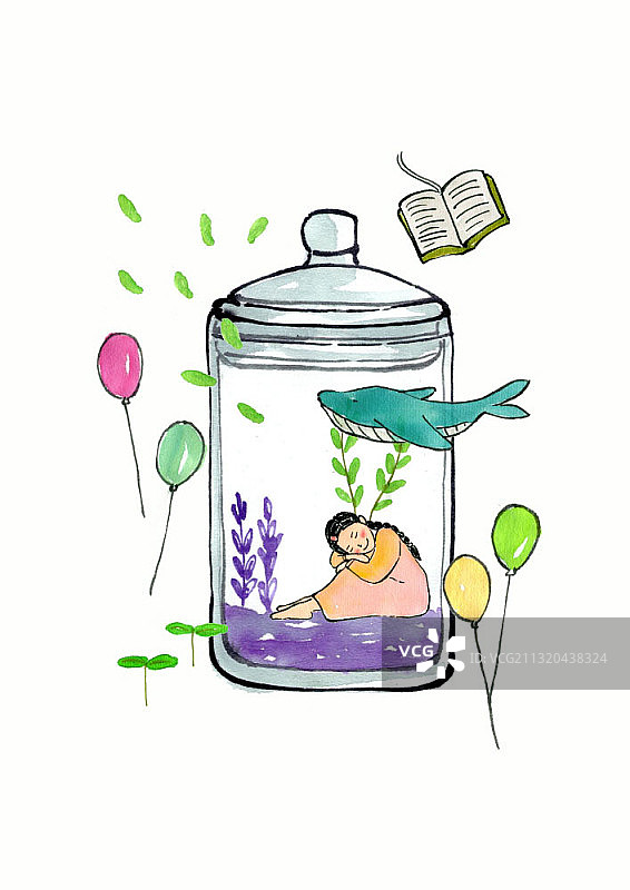 女人在鲸鱼和气球旁的玻璃瓶里睡觉插画图片素材