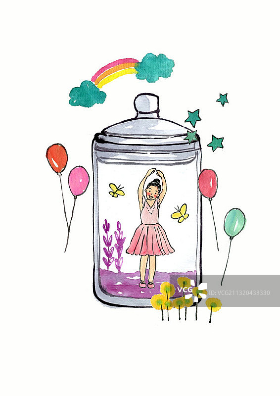 鲜花和气球旁玻璃瓶中跳舞的芭蕾舞女插画图片素材