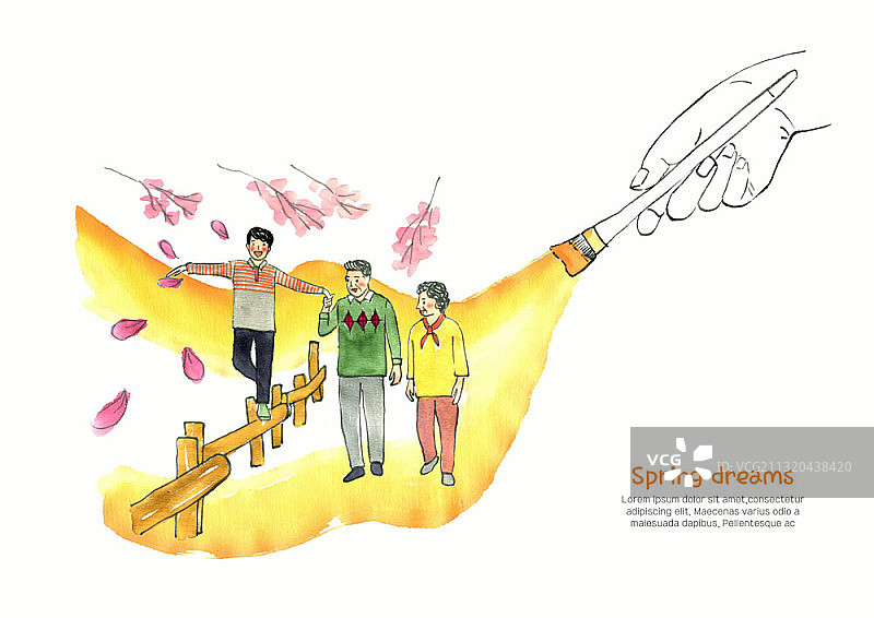 水墨画：祖父母牵着男孩的手在黄色笔触上行走图片素材